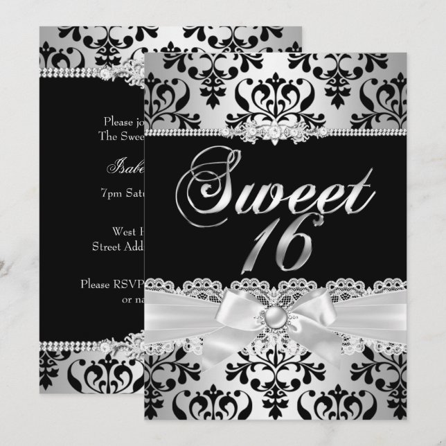 Invitation Sweet 16 Party Black Argent Damask Pearl Bow (Devant / Derrière)