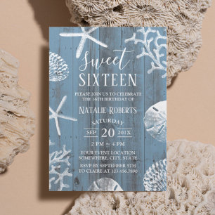 Invitation Sweet 16 Party élégant Dusty Blue Beach Starfish