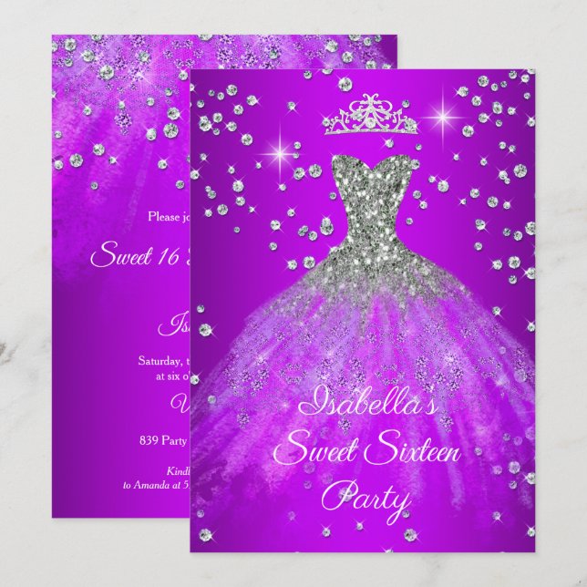 Invitation Sweet 16 Party Purple robe pétillante TIARA (Devant / Derrière)