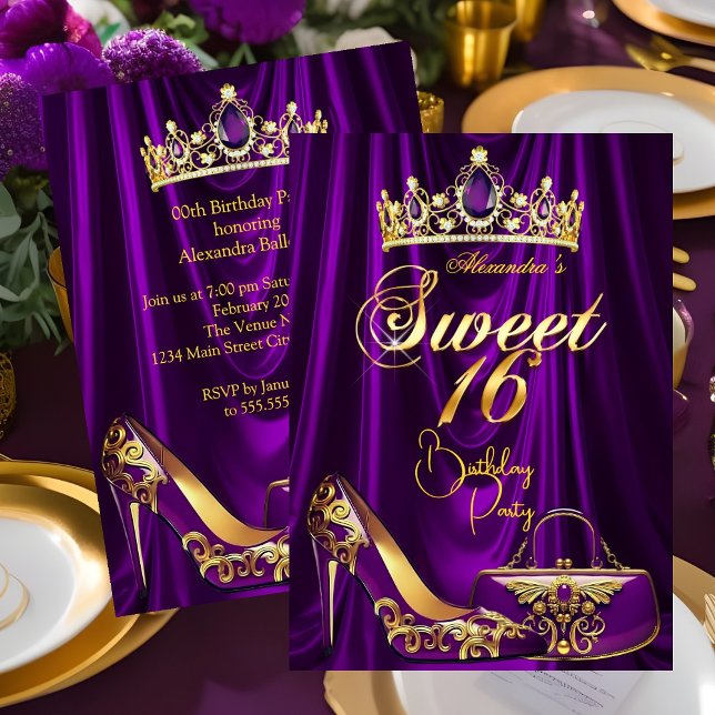 Invitation Sweet 16 Party Purple Tiara High heel Purse Gold (Créateur téléchargé)