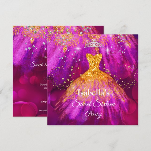 Invitation Sweet 16 Party Robe rose violet or brillant (Devant / Derrière)