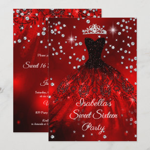 Invitation Sweet 16 Party Robe rouge étincelante TIARA