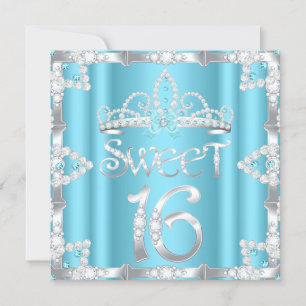 Invitation Sweet 16 Party Tiara Turquoise Blue Faux Diamond
