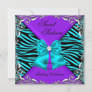Invitation Sweet 16 Party Zèbre violet Turquoise diamant Bow