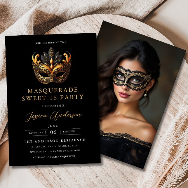 Invitation Sweet 16 Photo Birthday Black Gold Masquerade  (Créateur téléchargé)