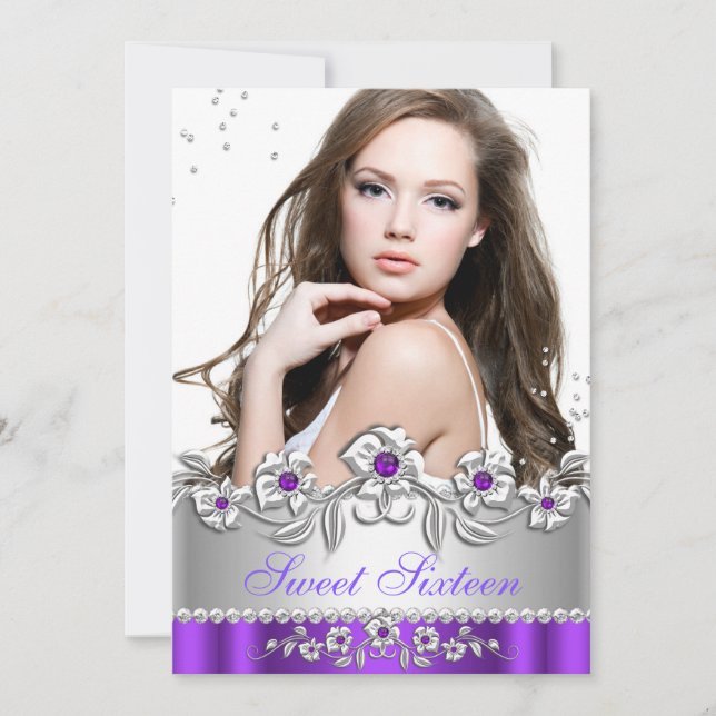 Invitation Sweet 16 Photo Purple Silver Floral Jewel Party (Devant)