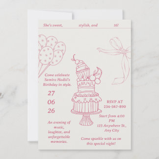 Invitation Sweet 16 Pink Bow Retro Birthday