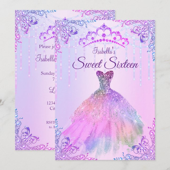 Invitation Sweet 16 Pink Purple Lilac Silver Pearl Gown (Devant / Derrière)