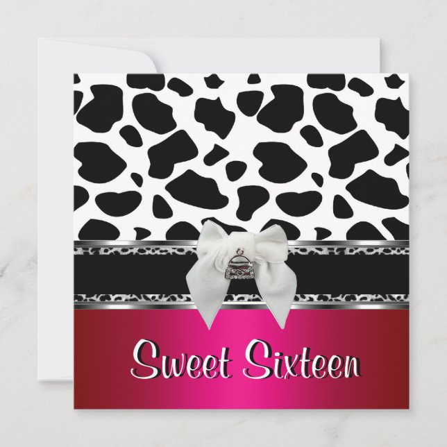 Invitation Sweet 16 Pink Silver Black White Cow Leopard 2 (Devant)