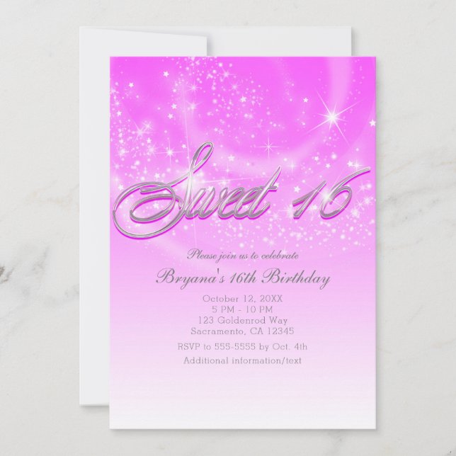Invitation SWEET 16 Pink & Silver Sparkle Stars Party (Devant)