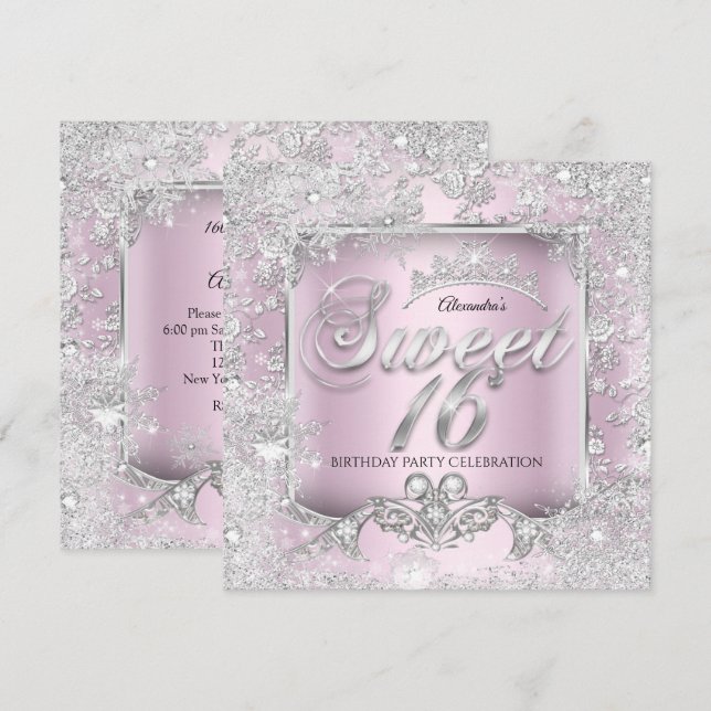 Invitation Sweet 16 Pink Silver Tiara Winter Wonderland Party (Devant / Derrière)