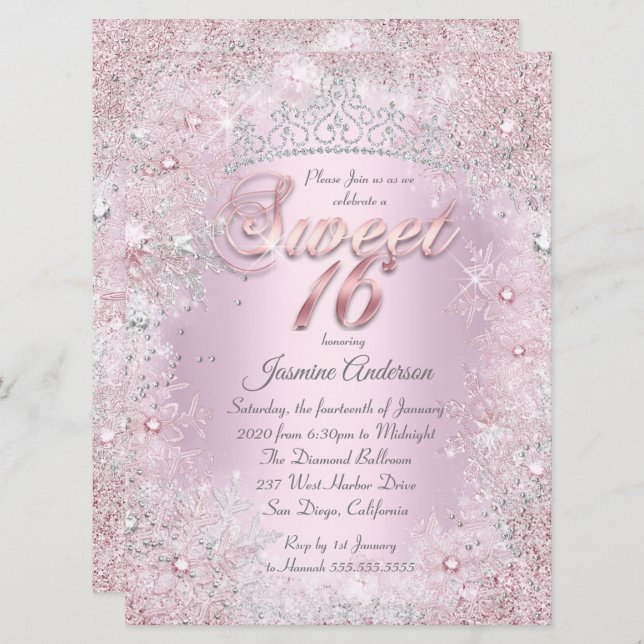 Invitation Sweet 16 Pink Silver Winter Wonderland Tiara (Devant / Derrière)