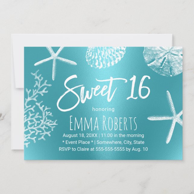 Invitation Sweet 16 Plage Amidon Coral Coquillages Turquoise (Devant)