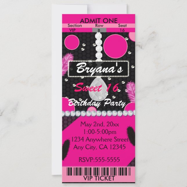 Invitation Sweet 16 Plumes Diamonds rose Billet d'anniversair (Devant)