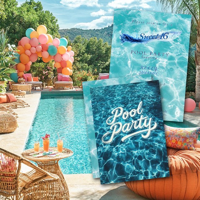 Invitation Sweet 16 Pool Party Blue Water Bulles (Créateur téléchargé)