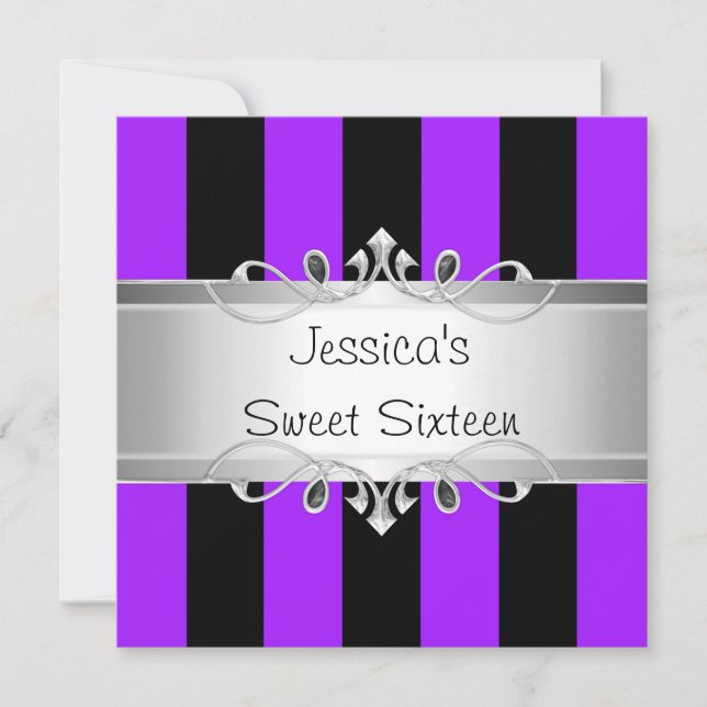 Invitation Sweet 16 Purple Black Stripes Silver Jewel Party (Devant)