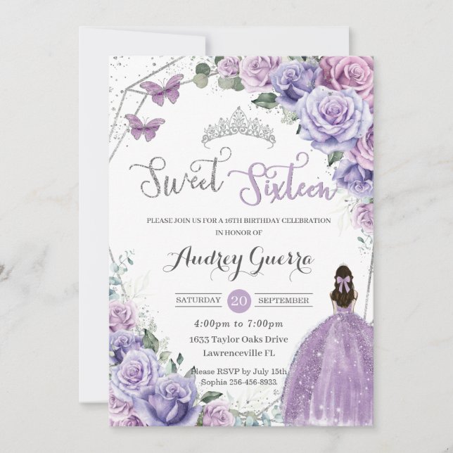 Invitation Sweet 16 Purple Floral Princess Argent Anniversair (Devant)