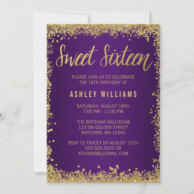 Invitation Sweet 16 Purple Gold Parties scintillant Anniversa (Devant)
