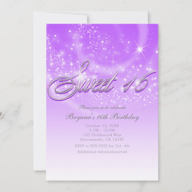 Invitation SWEET 16 Purple & Silver Sparkle Stars Party (Devant)