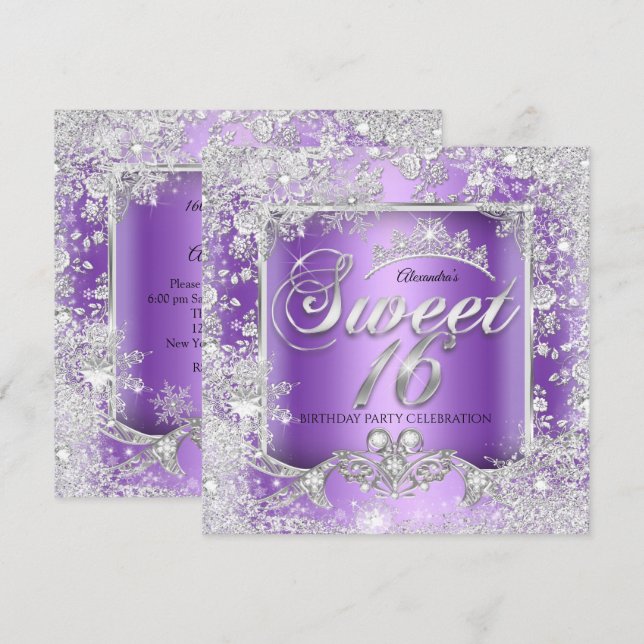 Invitation Sweet 16 Purple Silver Tiara Winter Wonderland (Devant / Derrière)