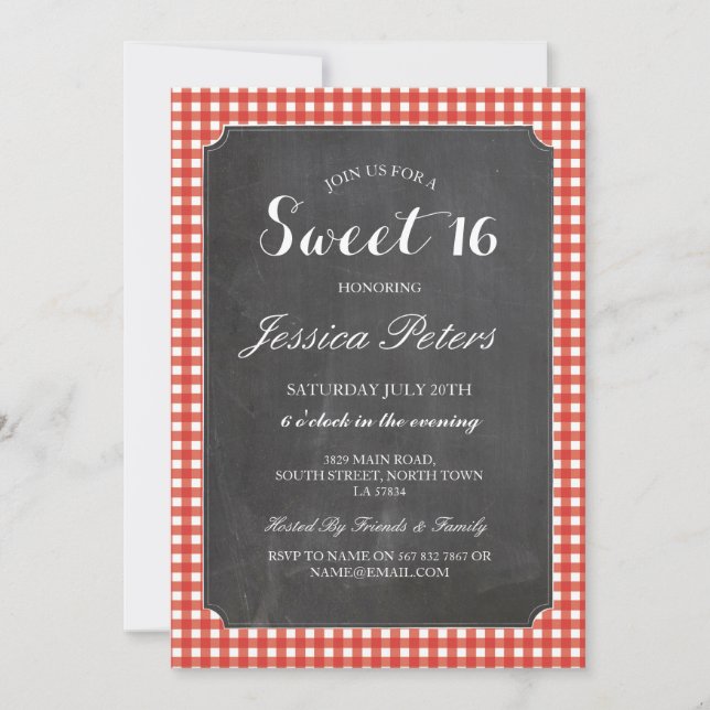 Invitation Sweet 16 Red Check illumine l'invitation à la crai (Devant)