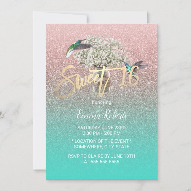 Invitation Sweet 16 Respiration de bébé Hummingbird Rose Or T (Devant)