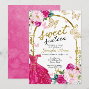 Invitation Sweet 16 Robe Florale Papillon Hot Rose Or