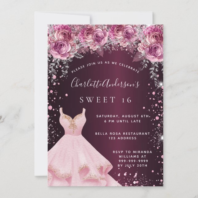 Invitation Sweet 16 rose bordeaux parties scintillant robe fl (Devant)