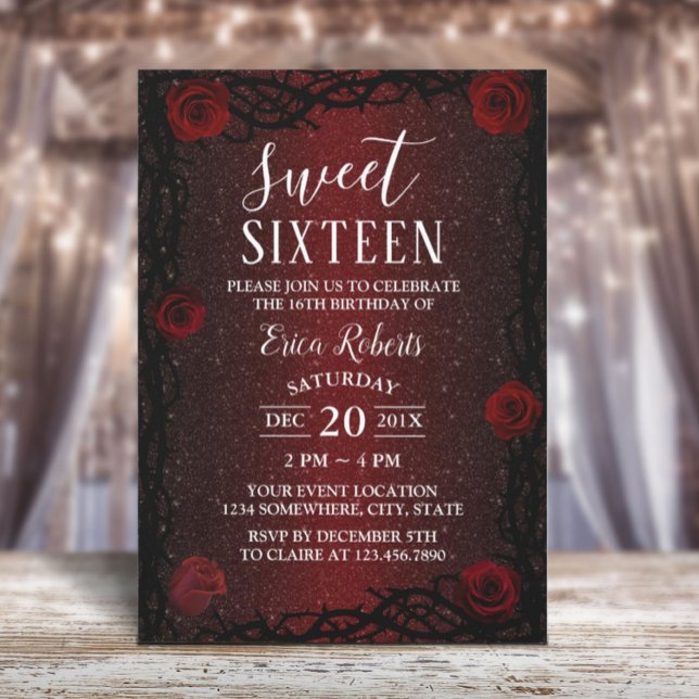 Invitation Sweet 16 Rose Fleur & Thorn Burgundy Parties scint (Créateur téléchargé)