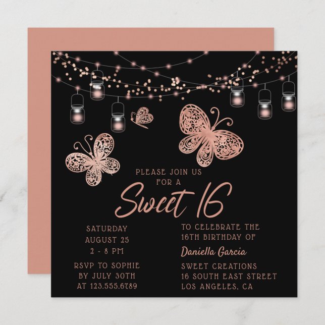 Invitation Sweet 16 Rose Gold Butterfly Chic Moderne Annivers (Devant / Derrière)