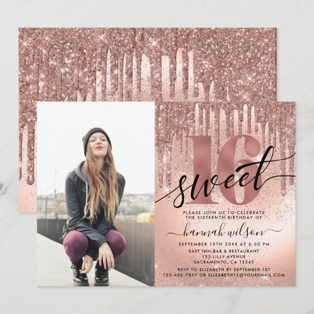 Invitation Sweet 16 Rose Gold Foil & Parties scintillant phot (Devant / Derrière)