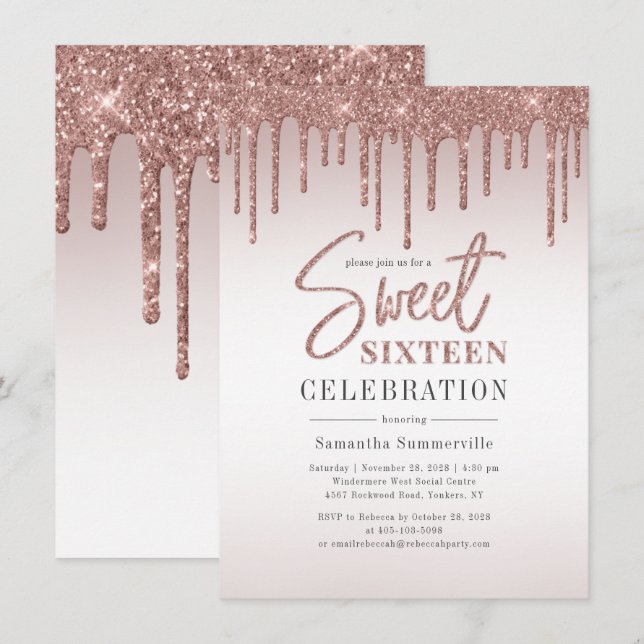Invitation Sweet 16 Rose Gold Parties scintillant Script fête (Devant / Derrière)