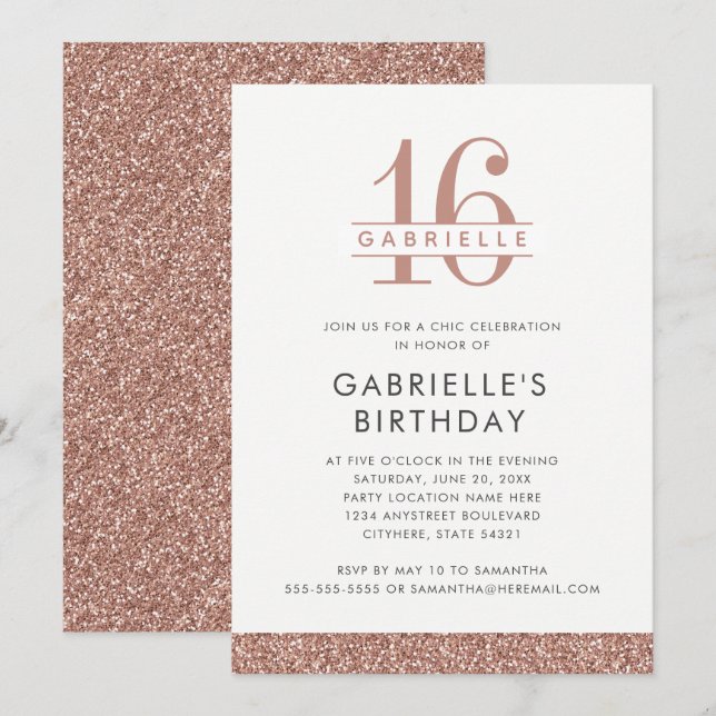 Invitation Sweet 16 Rose minimum Parties scintillant rose or  (Devant / Derrière)
