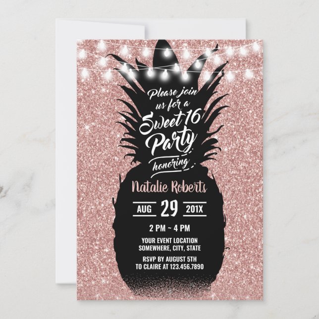 Invitation Sweet 16 Rose moderne Parties scintillant or anana (Devant)