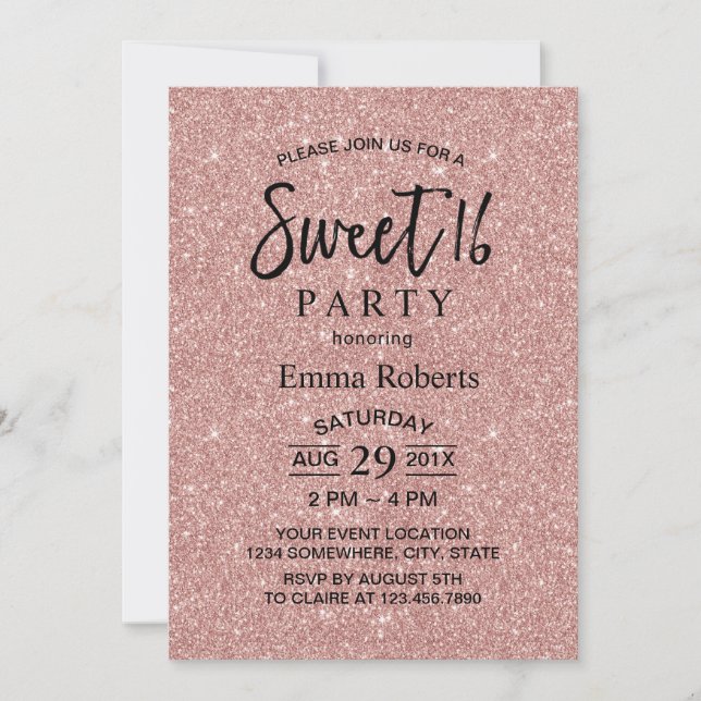 Invitation Sweet 16 Rose moderne Parties scintillant or Anniv (Devant)