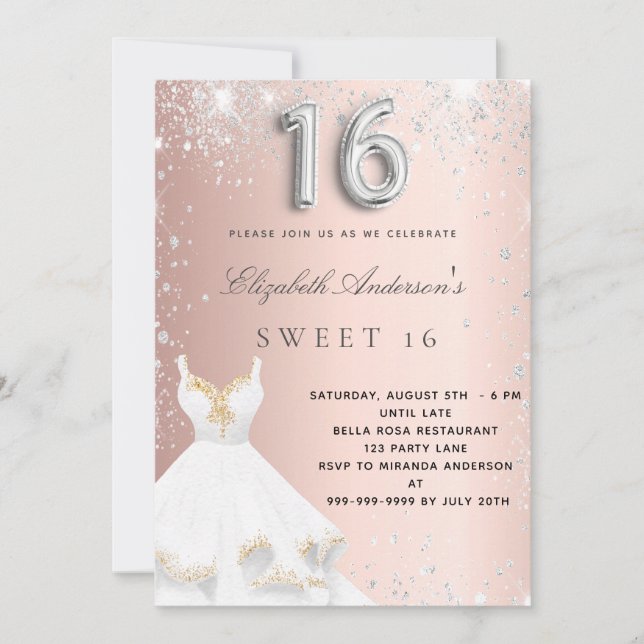 Invitation Sweet 16 rose or argent robe parties scintillant r (Devant)