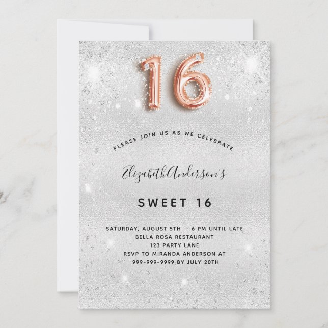 Invitation Sweet 16 roses d'argent éclat or (Devant)