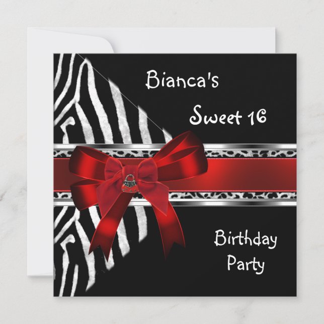 Invitation Sweet 16 Rouge Argent Noir Zèbre léopard Anniversa (Devant)