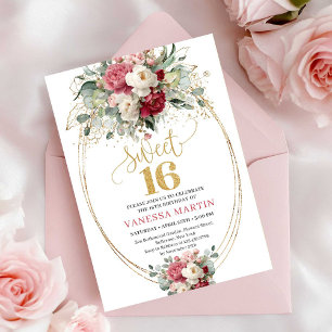 Invitation Sweet 16 Rouge Bourguignon Or Floral In