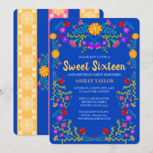 Invitation Sweet 16 Royal Blue Fiesta Flowers 16e anniversair