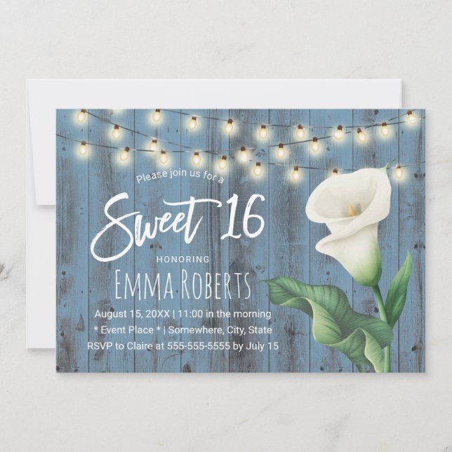 Invitation Sweet 16 Rustique Dusty Bleu Grange Bois Lily Fleu (Devant)