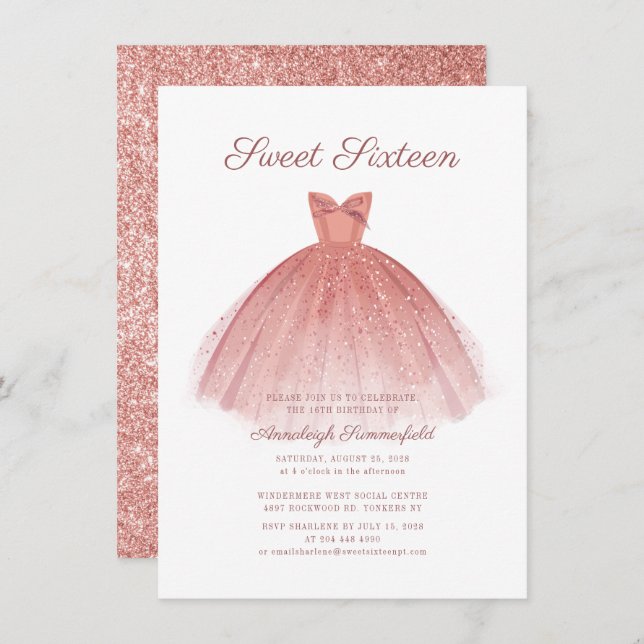 Invitation Sweet 16 Script Rose Gold Parties scintillant de r (Devant / Derrière)