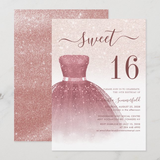 Invitation Sweet 16 Script Rose Parties scintillant or Annive (Devant / Derrière)