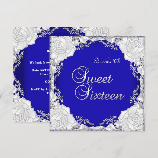 Invitation Sweet 16 Seize Anniversaire bleu violet argent (Devant / Derrière)