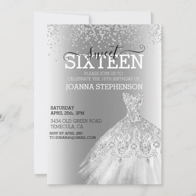 Invitation Sweet 16 Seize Anniversaire Robe Diamants (Devant)