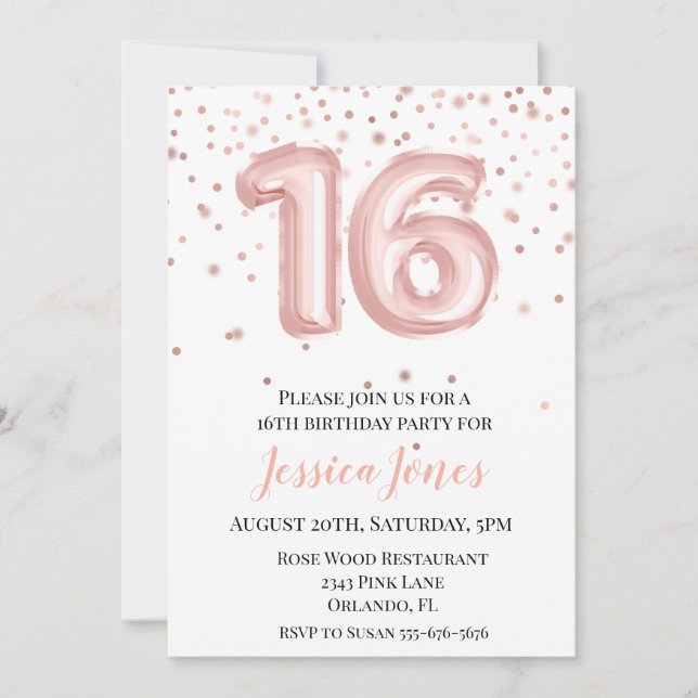 Invitation Sweet 16 Seize Anniversaire Rose Ballons d'or (Devant)