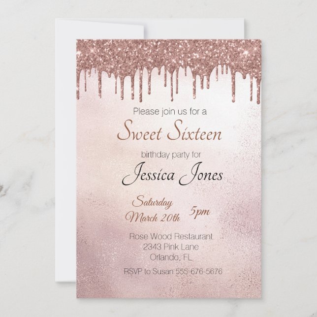 Invitation Sweet 16 Seize Anniversaire Rose Gold Drips (Devant)