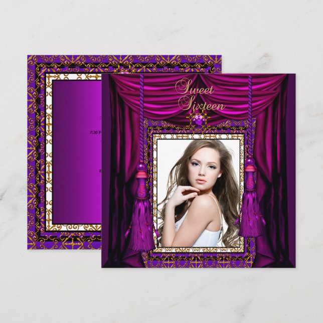 Invitation Sweet 16 Seize Anniversaire Soirée Purple Rose Or (Devant / Derrière)