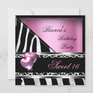 Invitation Sweet 16 Seize Ballons Rose Zebra Leopard