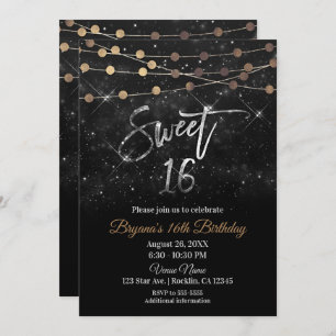 Invitation Sweet 16 Seize Black Silver Gold Sparkle Lumières